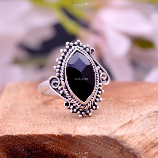 Natural Black Onyx Marquise Handcrafted Statement Ring