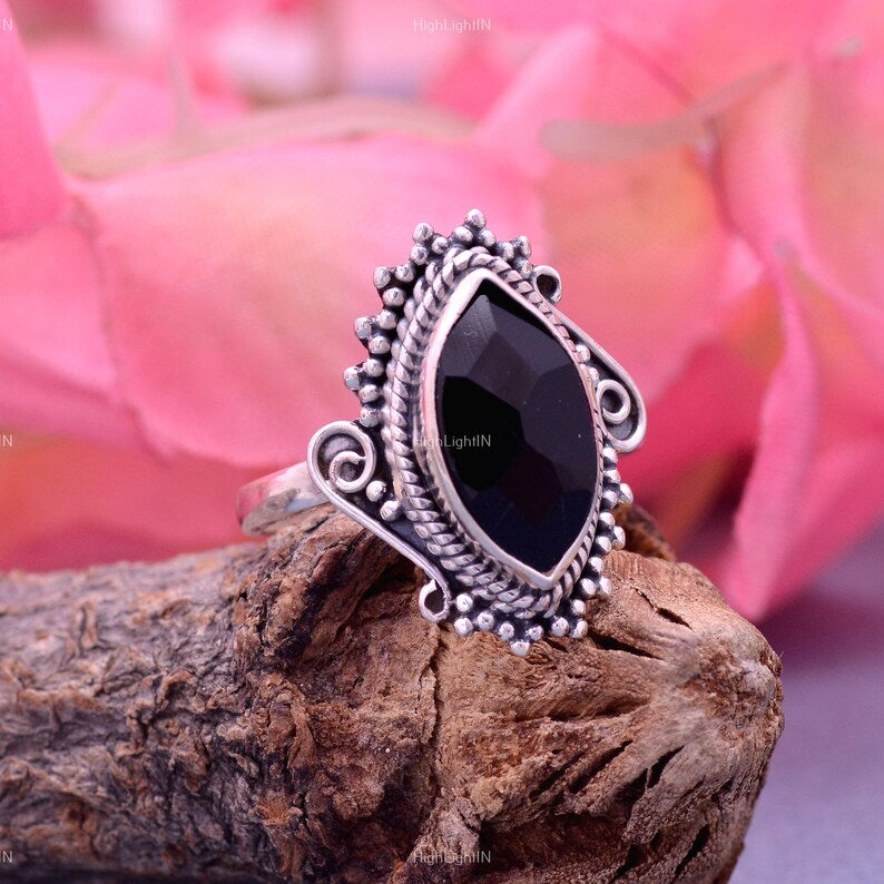 Natural Black Onyx Marquise Handcrafted Statement Ring