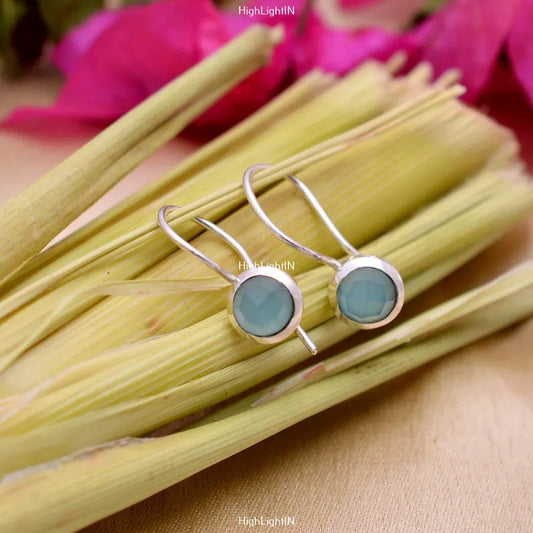 Natural Aqua Chalcedony Gemstone Handcrafted Drop Earrings