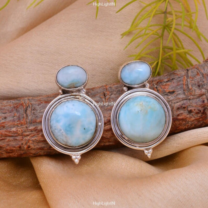 Natural Larimar Gemstone Handcrafted Stud Earrings