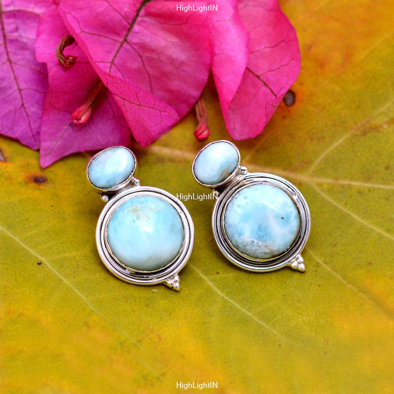 Natural Larimar Gemstone Handcrafted Stud Earrings