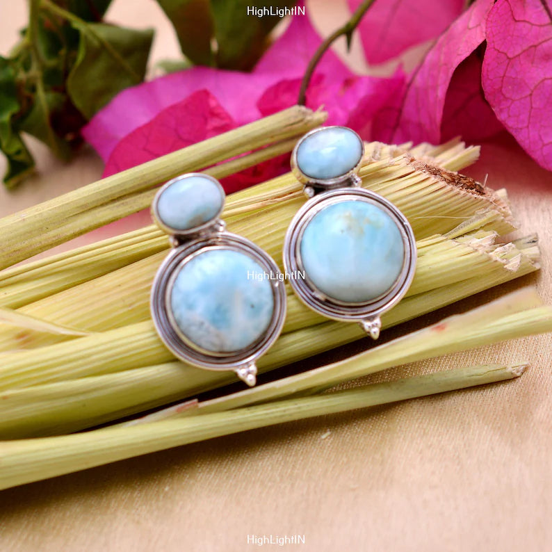 Natural Larimar Gemstone Handcrafted Stud Earrings