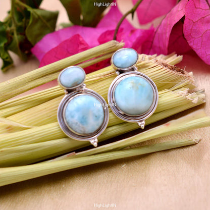 Natural Larimar Gemstone Handcrafted Stud Earrings