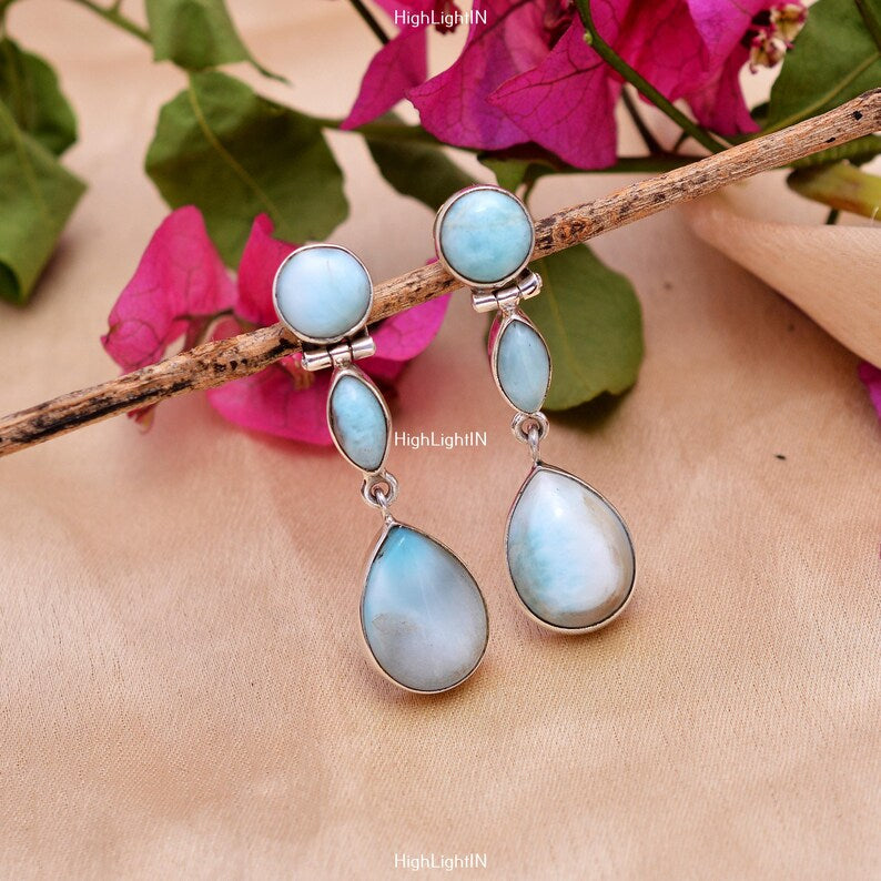 Natural Larimar Gemstone Handcrafted Drop Earrings