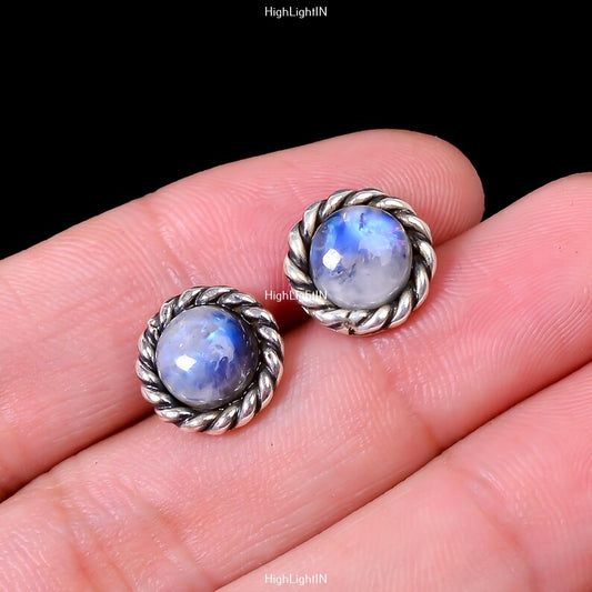 Rainbow Moonstone Handcrafted Round Stud Earrings