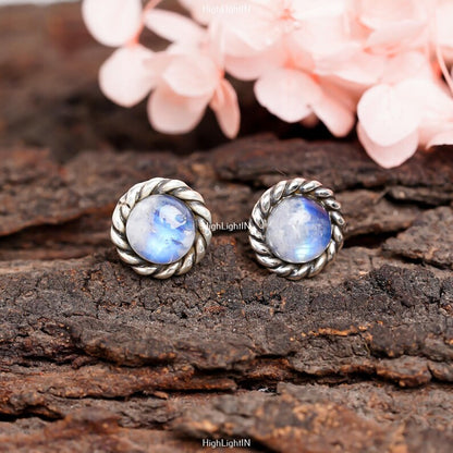 Rainbow Moonstone Handcrafted Round Stud Earrings